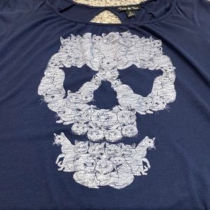 Ladies Navy blue, open back skull shirt